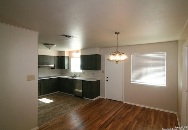 206 Alvina, Castroville, TX 78009 - kitchen featuring stainless steel dishwasher, a sink, black electric stovetop, dark wood-style flooring, and light countertops