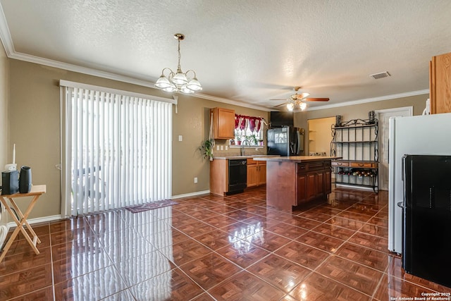 5439 Kensington Run, San Antonio, TX 78228 - kitchen featuring black appliances, light countertops, a textured ceiling, crown molding, and a ceiling fan