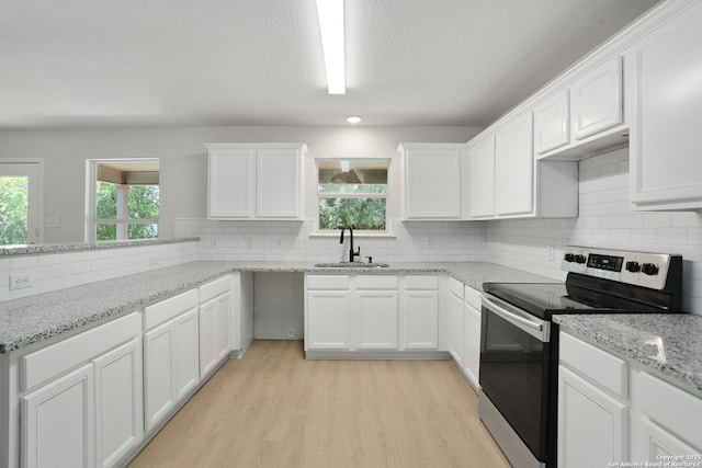 9814 Shawnee, Converse, TX 78109 - kitchen featuring stainless steel range with electric stovetop, a sink, white cabinets, backsplash, and light wood finished floors