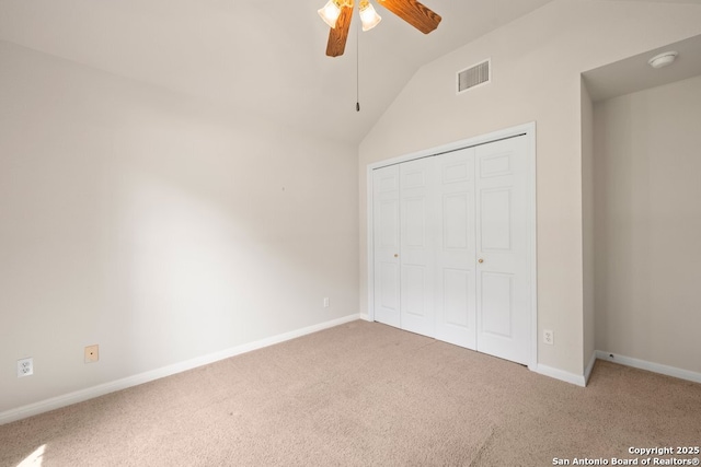 424 Mount Joy, New Braunfels, TX 78130 - unfurnished bedroom featuring carpet flooring, lofted ceiling, baseboards, and a closet
