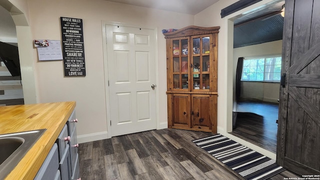 12151 Park Road 37, Lakehills, TX 78063 - foyer entrance with dark wood-type flooring, arched walkways, and baseboards