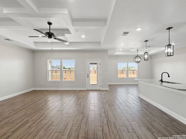52 Peach Tree, Poteet, TX 78065 - unfurnished living room with a sink, wood finished floors, a ceiling fan, coffered ceiling, and baseboards
