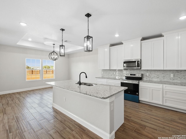 52 Peach Tree, Poteet, TX 78065 - kitchen with appliances with stainless steel finishes, a sink, a raised ceiling, wood finish floors, and backsplash