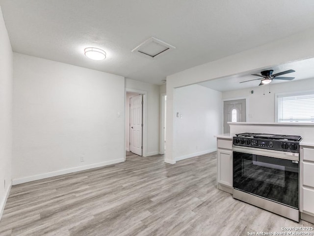 815 Flanders, San Antonio, TX 78211 - kitchen with range with gas stovetop, light wood-type flooring, light countertops, and baseboards