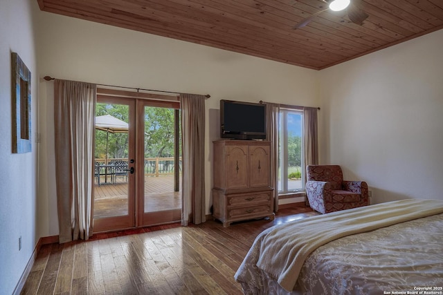 121 N Spanish Oak Trl, Kerrville, TX 78028 - bedroom with access to outside, french doors, multiple windows, hardwood / wood-style floors, and wood ceiling
