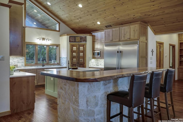 121 N Spanish Oak Trl, Kerrville, TX 78028 - kitchen featuring built in appliances, wooden ceiling, a center island, backsplash, and dark wood-style floors