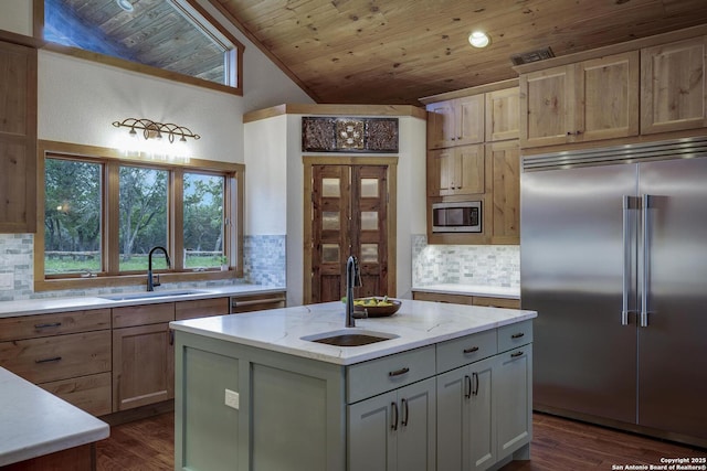 121 N Spanish Oak Trl, Kerrville, TX 78028 - kitchen featuring built in appliances, a sink, wood ceiling, tasteful backsplash, and light stone countertops