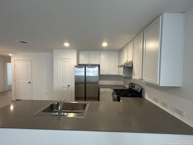 614 Agave, Jourdanton, TX 78026 - kitchen featuring freestanding refrigerator, gas stove, a sink, under cabinet range hood, and recessed lighting