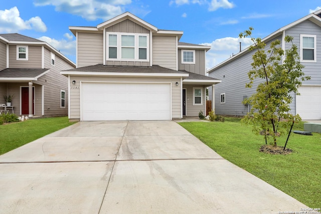 7341 Yucca Pl, San Antonio, TX 78253 - traditional-style home with board and batten siding, a garage, driveway, and a front yard