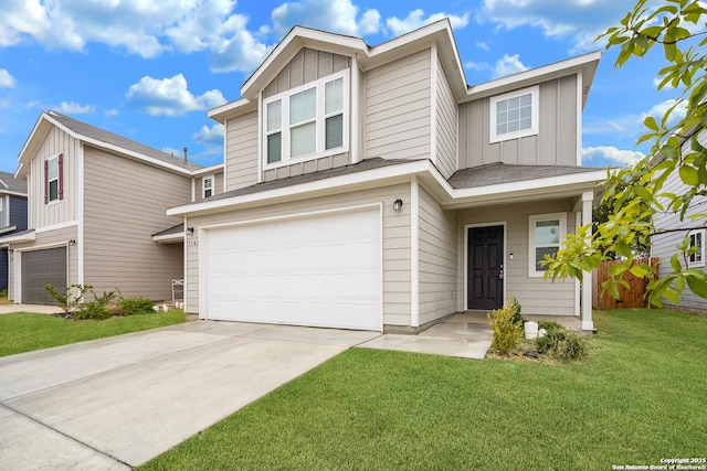 7341 Yucca Pl, San Antonio, TX 78253 - view of front of home featuring a garage, board and batten siding, concrete driveway, and a front yard