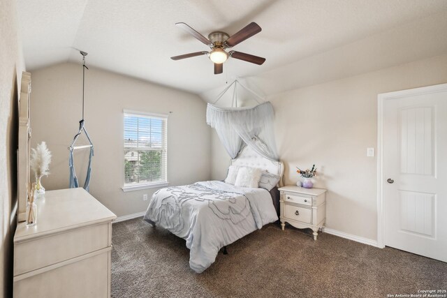 32003 Cast Iron, Bulverde, TX 78163 - bedroom with lofted ceiling, dark colored carpet, baseboards, and a ceiling fan
