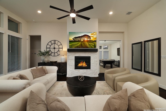 24321 Downhill Lie, San Antonio, TX 78261 - living room with wood finished floors, recessed lighting, a fireplace, billiards table, and a ceiling fan
