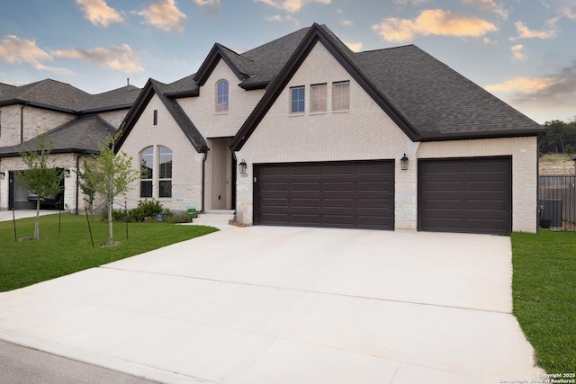 24321 Downhill Lie, San Antonio, TX 78261 - french country inspired facade with brick siding, a shingled roof, concrete driveway, a front lawn, and a garage