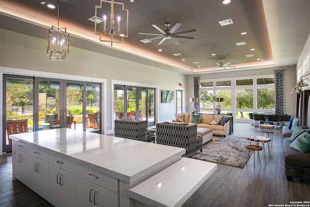 24321 Downhill Lie, San Antonio, TX 78261 - kitchen with a raised ceiling, a ceiling fan, french doors, open floor plan, and recessed lighting