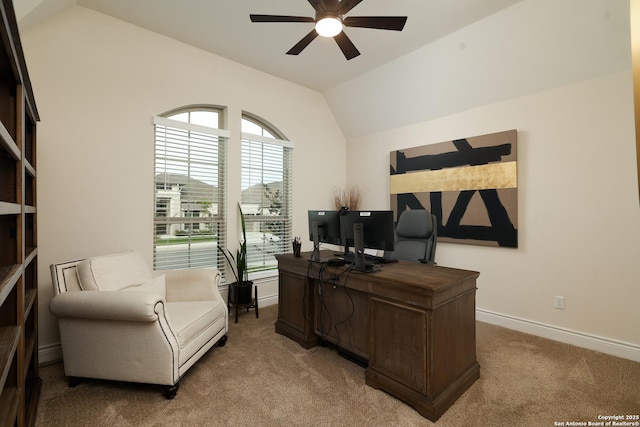 24321 Downhill Lie, San Antonio, TX 78261 - carpeted office with vaulted ceiling, ceiling fan, and baseboards