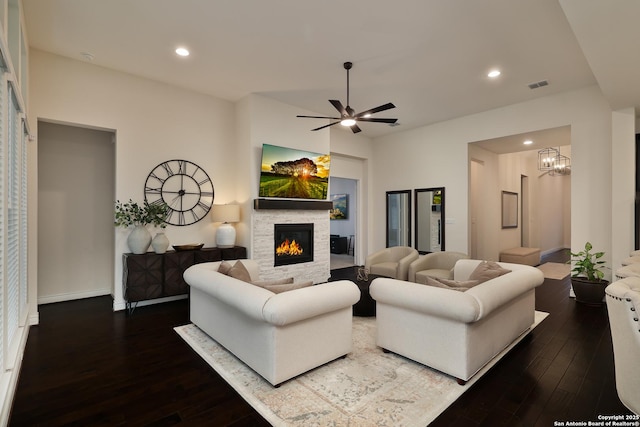 24321 Downhill Lie, San Antonio, TX 78261 - living room featuring hardwood / wood-style floors, a fireplace, recessed lighting, a ceiling fan, and baseboards