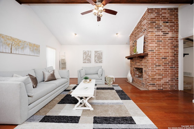 7035 Forest Mdw, San Antonio, TX 78240 - living area featuring ceiling fan, high vaulted ceiling, wood finished floors, a fireplace, and beam ceiling