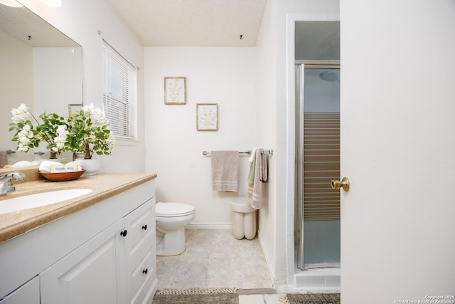 7035 Forest Mdw, San Antonio, TX 78240 - bathroom featuring vanity, a stall shower, toilet, and baseboards