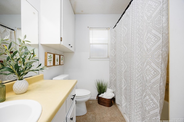 7035 Forest Mdw, San Antonio, TX 78240 - full bath featuring vanity, toilet, a textured ceiling, shower / bath combination with curtain, and tile patterned floors