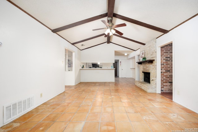 7035 Forest Mdw, San Antonio, TX 78240 - unfurnished living room with ceiling fan and a brick fireplace