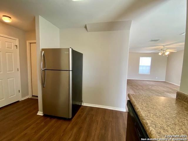 6926 Lunar Way, San Antonio, TX 78109 - kitchen featuring freestanding refrigerator, baseboards, dark wood-type flooring, and ceiling fan
