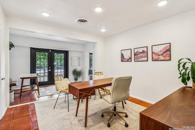 7735 Mocking Bird Ln, San Antonio, TX 78229 - tiled home office featuring french doors and recessed lighting