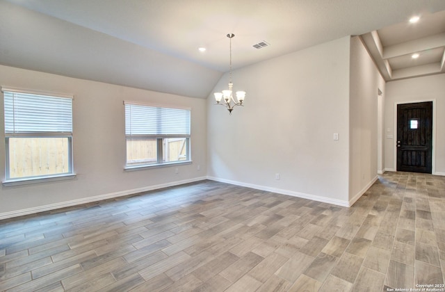2035 Stephanie Ave, New Braunfels, TX 78132 - unfurnished room with light wood-type flooring, a chandelier, baseboards, recessed lighting, and lofted ceiling