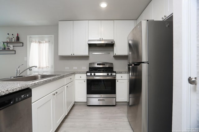 10787 Giacconi, Converse, TX 78109 - kitchen featuring appliances with stainless steel finishes, under cabinet range hood, a sink, white cabinets, and recessed lighting