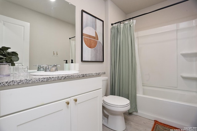 10787 Giacconi, Converse, TX 78109 - bathroom with toilet, vanity, shower / bathtub combination with curtain, and wood finished floors