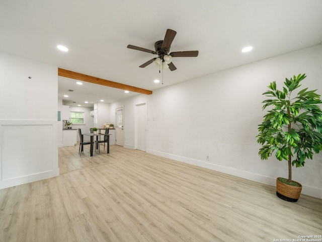 11105 Lone Shadow, Live Oak, TX 78233 - unfurnished living room with recessed lighting, light wood-type flooring, a ceiling fan, baseboards, and beam ceiling