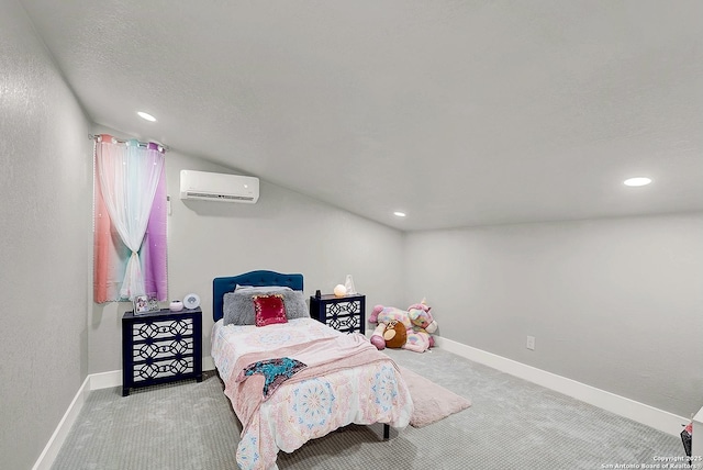757 Joy, Floresville, TX 78114 - bedroom featuring a wall mounted AC, carpet flooring, baseboards, lofted ceiling, and recessed lighting