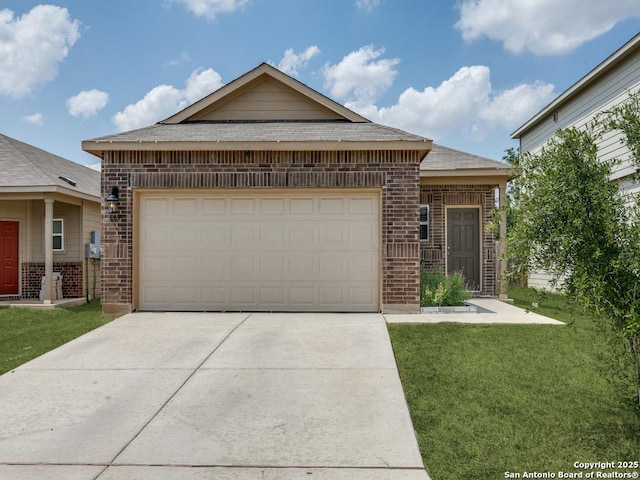 607 Pleasanton Spg, San Antonio, TX 78221 - single story home with brick siding, a front lawn, concrete driveway, and a garage
