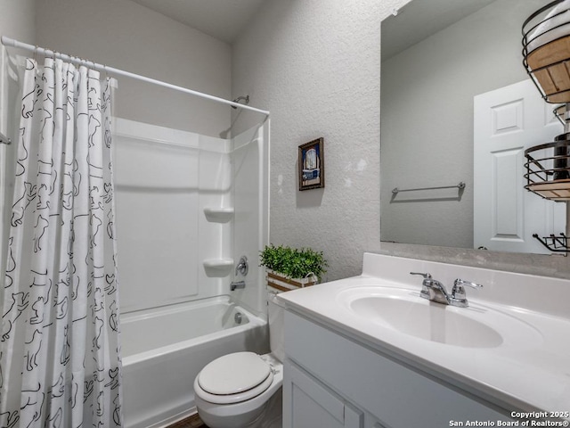 607 Pleasanton Spg, San Antonio, TX 78221 - full bathroom featuring a textured wall, vanity, shower / bath combo, and toilet