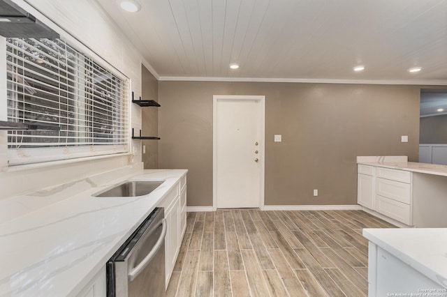 4543 Stradford, San Antonio, TX 78217 - kitchen featuring dishwasher, white cabinets, recessed lighting, light wood-style floors, and light stone counters