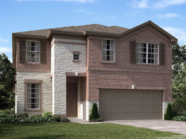 11554 Cottage Pt, San Antonio, TX 78254 - view of front of house featuring a garage, brick siding, driveway, stone siding, and a shingled roof