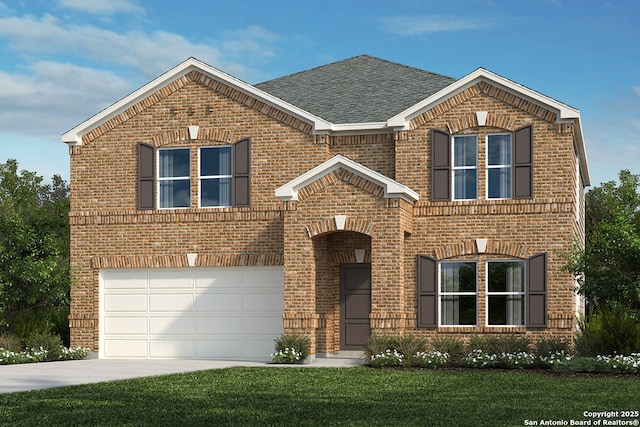 15422 Electra Cir, San Antonio, TX 78245 - traditional-style home featuring brick siding, concrete driveway, an attached garage, a front lawn, and a shingled roof