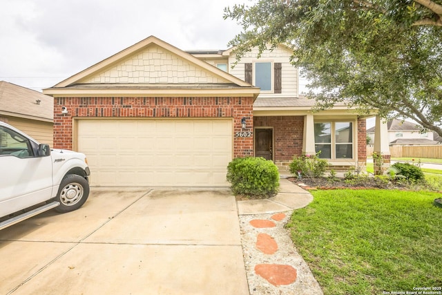 5602 Casa Martin, Katy, TX 77449 - view of front of house with brick siding, a front yard, concrete driveway, and an attached garage