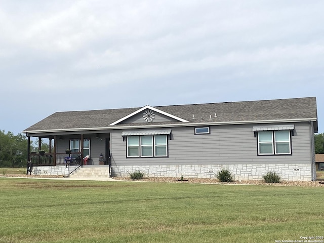 1727 Fm 1346, La Vernia, TX 78121 - ranch-style home with covered porch, a front lawn, and roof with shingles