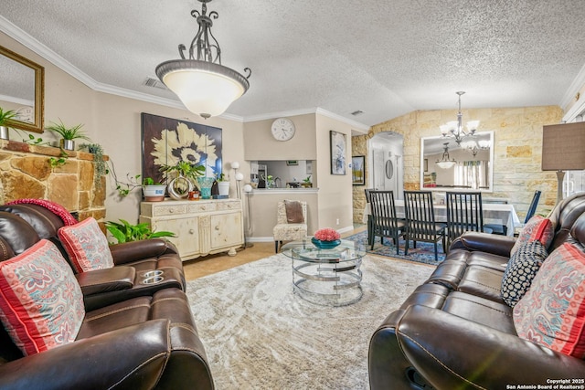 9927 Sandy Fld, San Antonio, TX 78245 - living room featuring a chandelier, a textured ceiling, vaulted ceiling, crown molding, and arched walkways