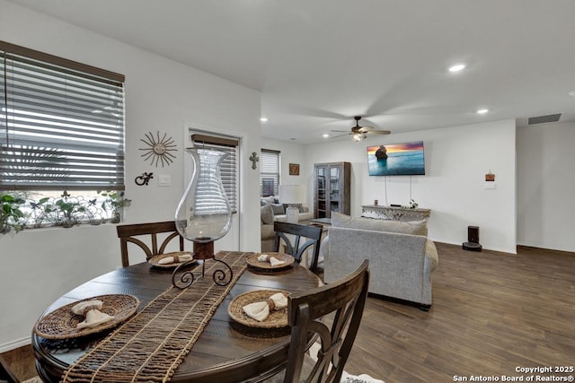 437 Signe, Seguin, TX 78155 - dining area featuring wood finished floors, a ceiling fan, recessed lighting, and baseboards