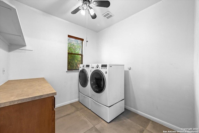 2630 Starlight Ct, San Antonio, TX 78261 - laundry room featuring washer and clothes dryer, baseboards, and ceiling fan