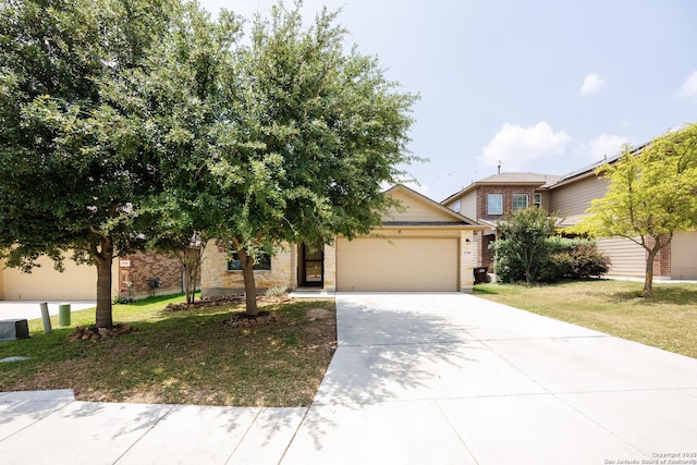 15106 Field Sparrow, San Antonio, TX 78253 - obstructed view of property with a garage, driveway, a front lawn, and brick siding