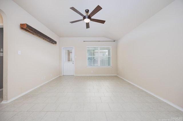 15106 Field Sparrow, San Antonio, TX 78253 - spare room with arched walkways, ceiling fan, vaulted ceiling, and baseboards