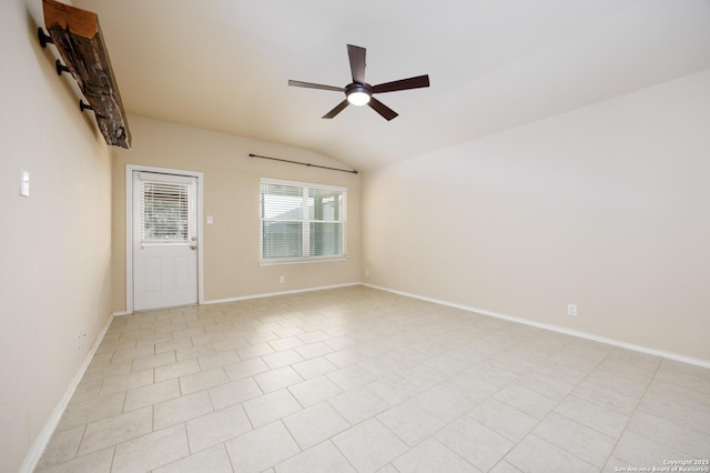 15106 Field Sparrow, San Antonio, TX 78253 - empty room featuring ceiling fan, lofted ceiling, baseboards, and light tile patterned floors