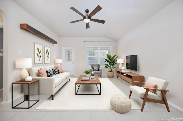 15106 Field Sparrow, San Antonio, TX 78253 - living room with arched walkways, a ceiling fan, vaulted ceiling, and baseboards