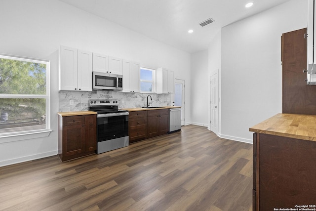 377 County Road 444, Hondo, TX 78861 - kitchen with appliances with stainless steel finishes, a sink, wooden counters, tasteful backsplash, and dark wood-type flooring