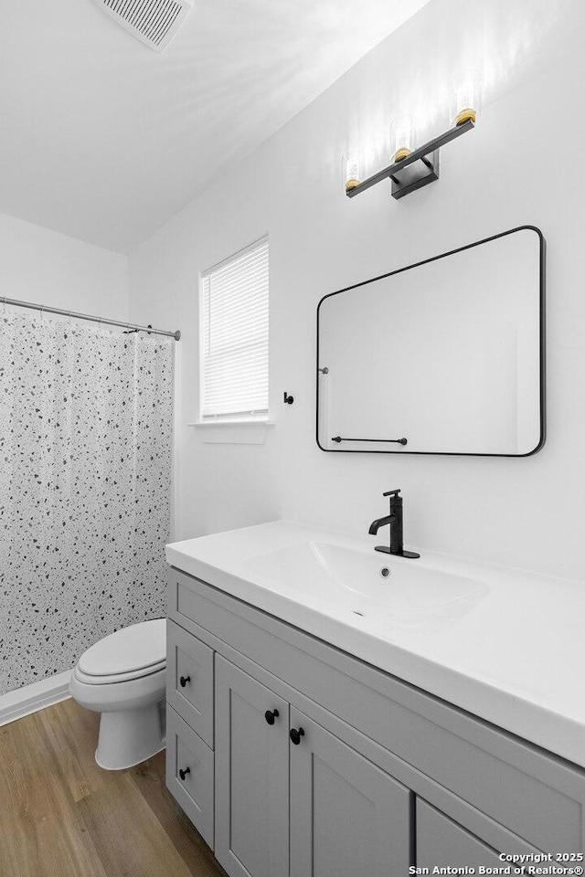 377 County Road 444, Hondo, TX 78861 - bathroom with vanity, wood finished floors, toilet, and a shower with shower curtain