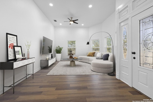 377 County Road 444, Hondo, TX 78861 - living area with recessed lighting, a ceiling fan, dark wood finished floors, and baseboards