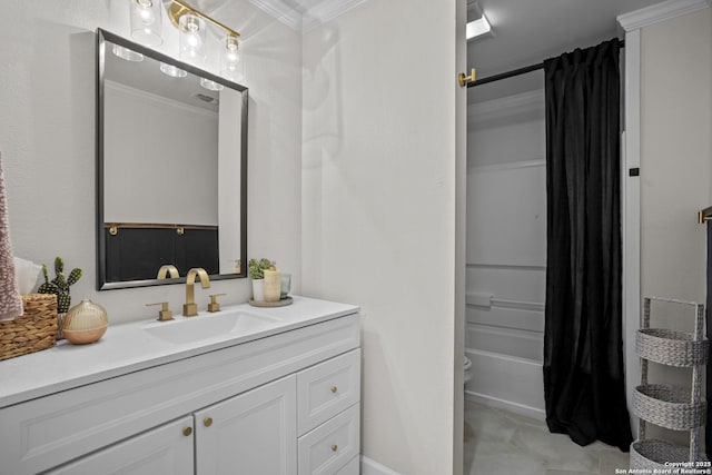 220 Glenvalley, Bandera, TX 78003 - bathroom featuring vanity, ornamental molding, shower / tub combo, and toilet