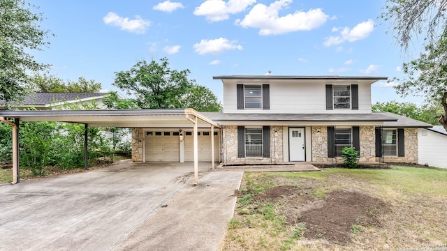 2130 Fort Sumter, San Antonio, TX 78245 - traditional-style home with an attached garage, stone siding, concrete driveway, a porch, and roof with shingles